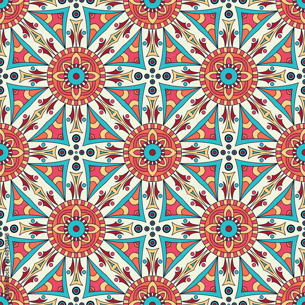 Mandala texture in bright colors. Seamless pattern on indian style. Abstract vector background