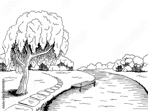 Park river willow tree graphic art black white landscape sketch illustration vector