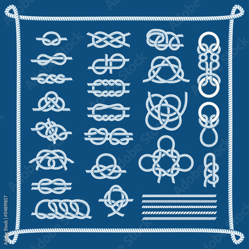 Rope knots collection decorative elements vector illustration. Strong line twisted rope knots cable element sailor. Graphic noose symbol rope knots different types of eight loop thread.
