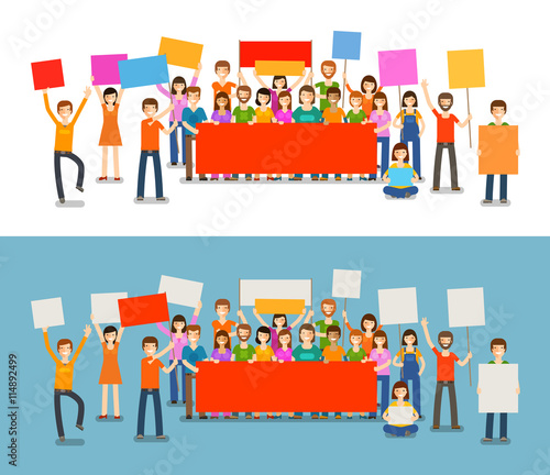 People with placards on demonstration. Holiday, celebration, festivity vector illustration
