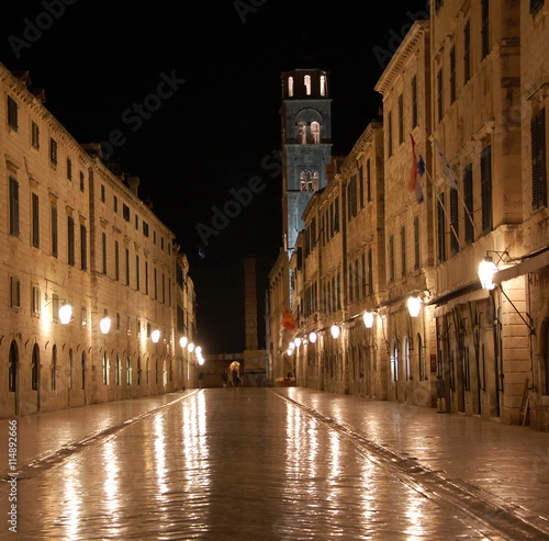 Night view on the main street Stradun in Old town of Dubrovnik, Croatia. Many of historic buildings and monuments in Dubrovnik are situated along Stradun