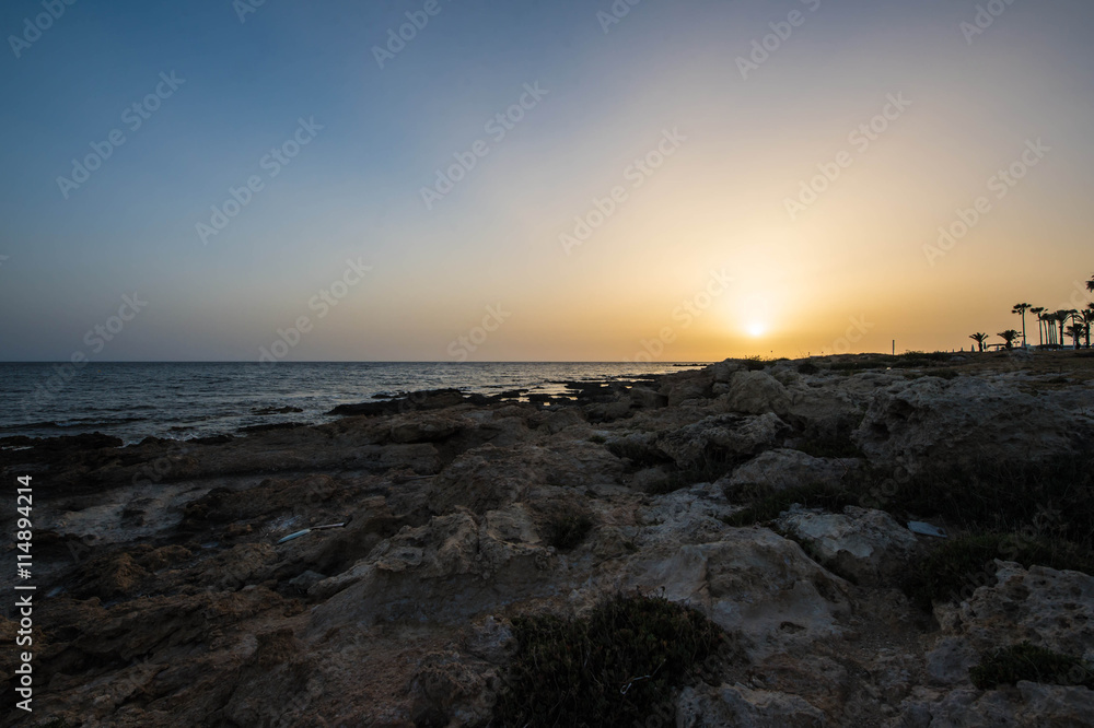 Sunset over the sea on the Mediterranean coast