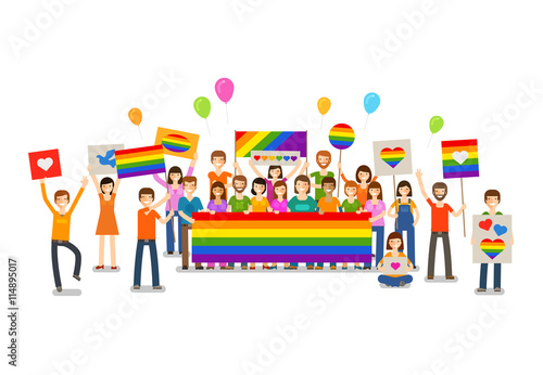 Gay parade. People with placards. Sexual revolution or free love. Holiday, celebration, festivity vector illustration