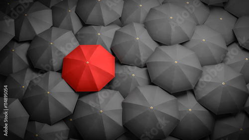 Leadership or distinction concept. Red umbrella and many black umbrellas around. 3D rendered illustration. photo
