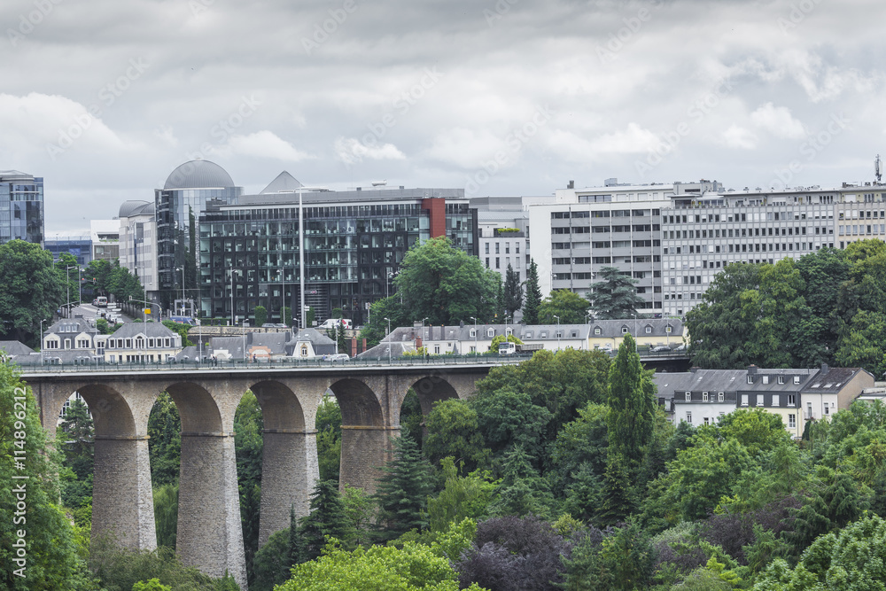 Modern part of Luxembourg city in a cloudy day.