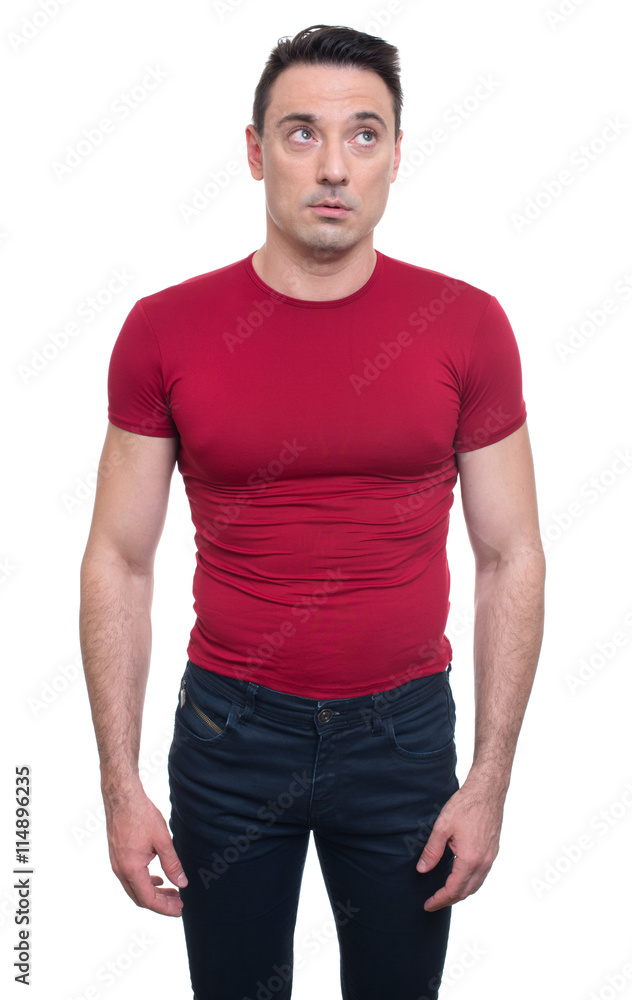 thoughtful handsome athletic man looking up thoughtful handsome athletic man looking up