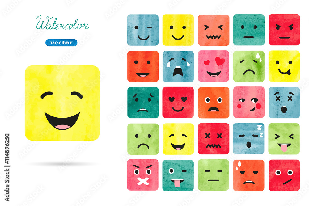 Watercolor emoticons set. Vector collection of emotions symbols. Colorful illustration.  - obrazy, fototapety, plakaty 
