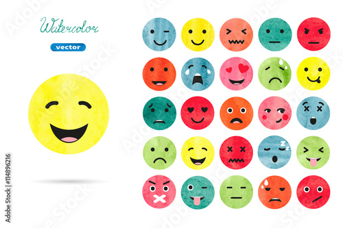 Watercolor emoticons set. Vector collection of emotion symbols.