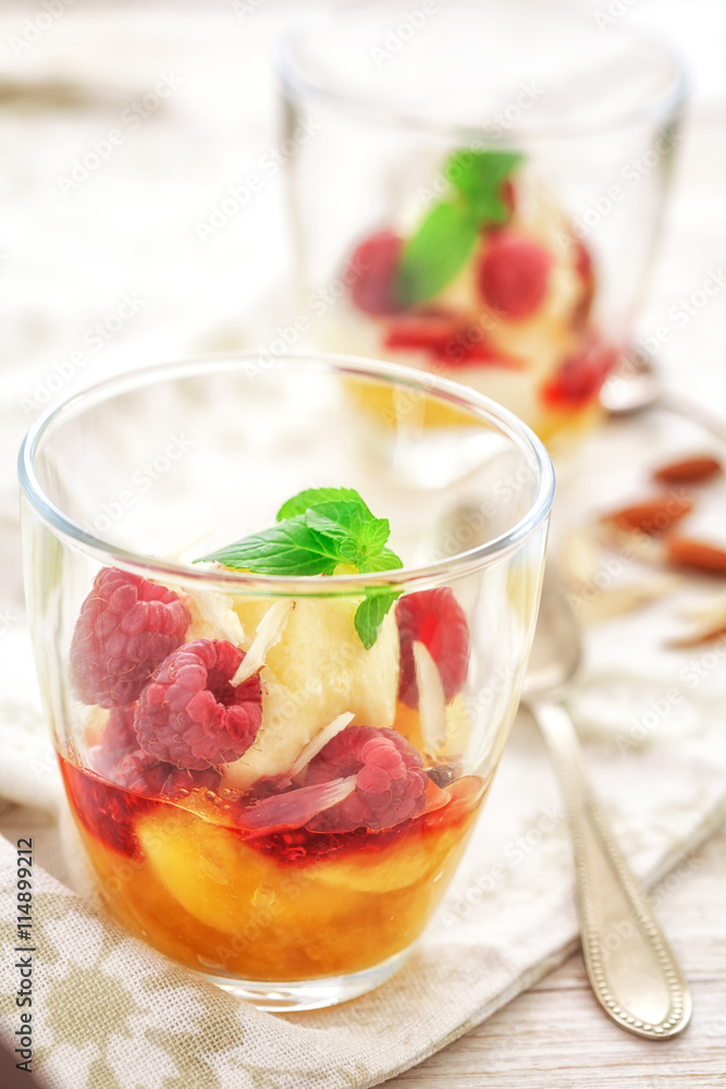 Peach Melba ice cream dessert close up Peach Melba ice cream dessert close up