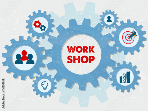 workshop and education symbols in grunge flat design gears infog