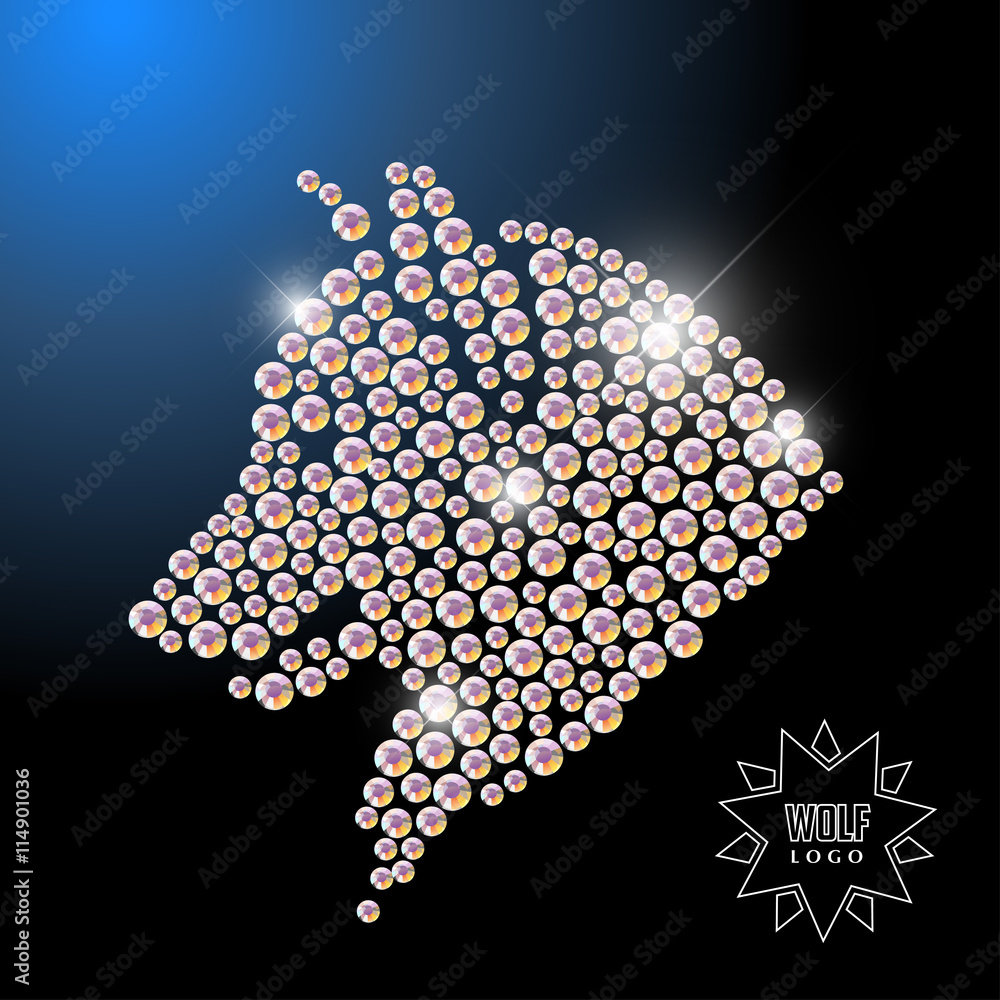 Fototapeta premium Vector animal portrait made with rhinestone gems isolated on black background. Logo, wild animal icon. Jewelry pattern, wolf, dog head. Close up.
