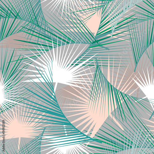 Seamless tropical pattern with green palm leaves. Jungle texture. Perfect for wallpapers, pattern fills, web page backgrounds, surface textures, textile. Vector Illustration