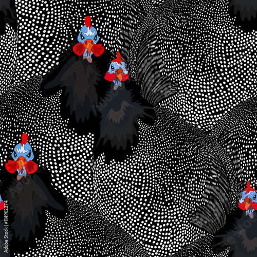 Abstract illustration of a rooster and a hen (chicken) in a floral background, black with white polka dots, seamless pattern, design fashion print, trendy stylish texture spring summer, color vector 
