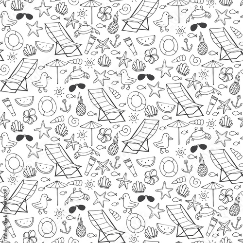 Seamless pattern with different sea beach elements