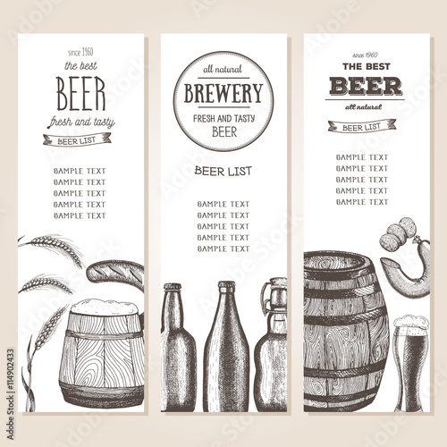 Vintage beer list for bar or brewery. Beer pub menu. banners set. drawn in ink
