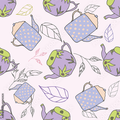 Blue pastel seamless pattern with teapots and leafy elements