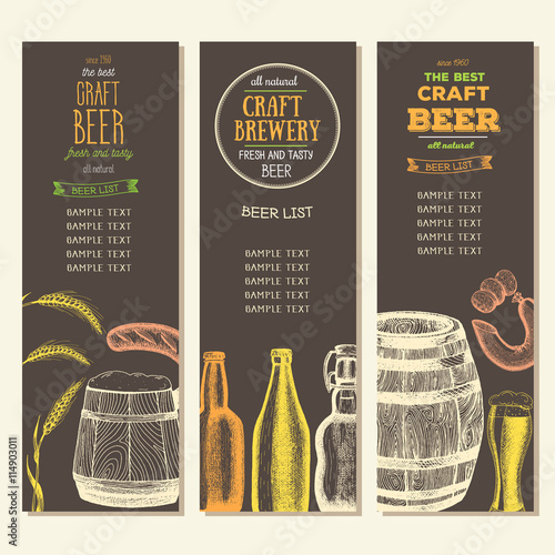 Vintage beer list for bar or brewery. Beer pub menu. banners set. drawn in ink