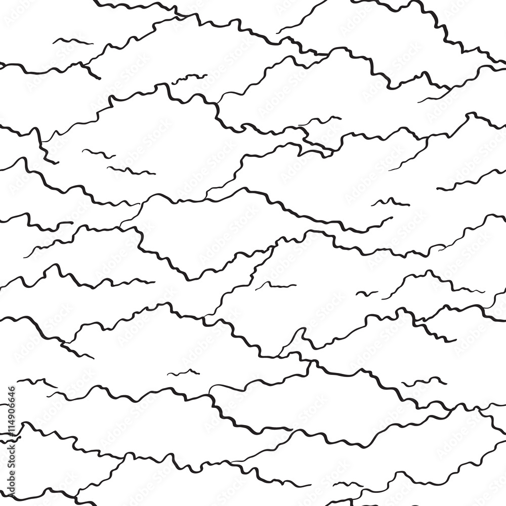 Black and White Nature Seamless Pattern. Repetitive Texture with Hand Drawn Clouds or Moumtains. Vector Doodle Background. Ready Swatch Included in File