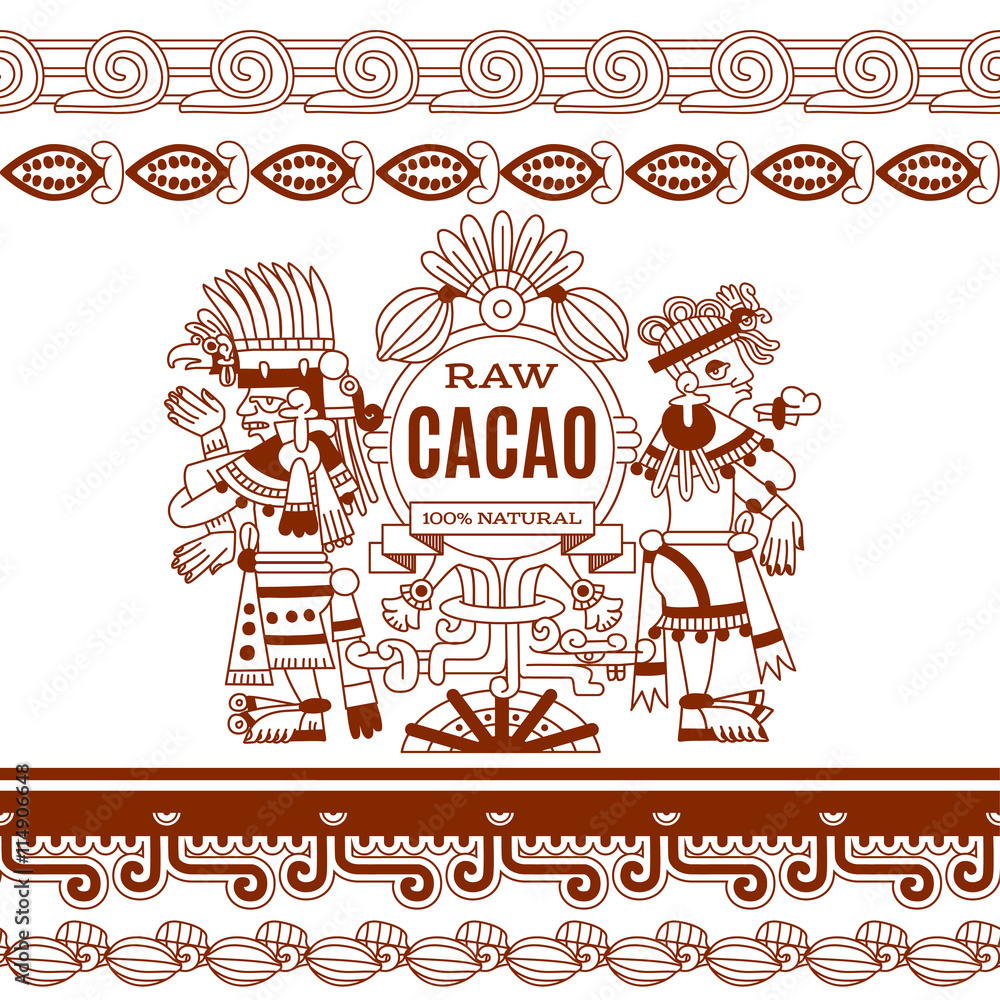sketch drawing aztec cacao bean, leaves, nibs, pattern