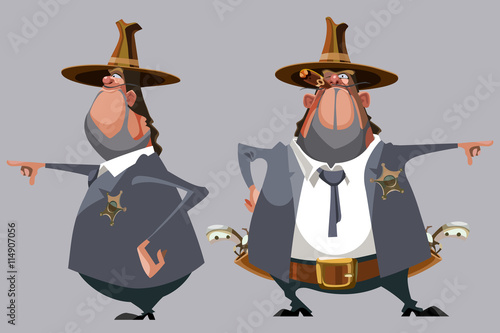 cartoon man sheriff in a hat stands in front and side