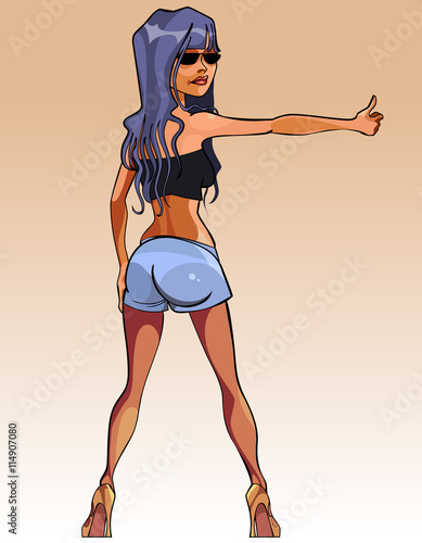 cartoon sexy hitchhiker woman with purple hair