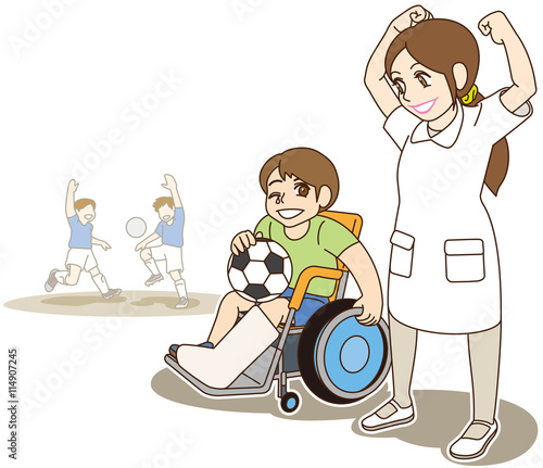 車椅子の男の子と看護婦さん（サッカー仲間）