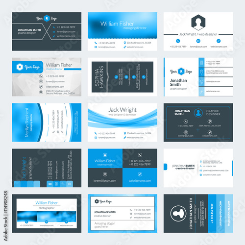 Set of modern creative business card templates. Blue and black colors. Flat style vector illustration. Stationery design