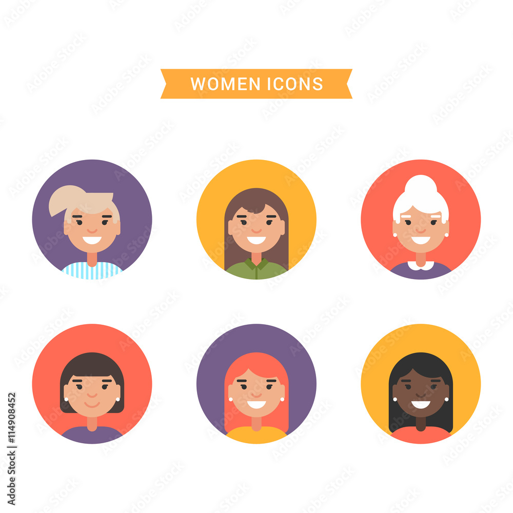 Icons of diverse smiling women. Bright colored flat vector illustrations isolated on white background Icons of diverse smiling women. Bright colored flat vector illustrations isolated on white background