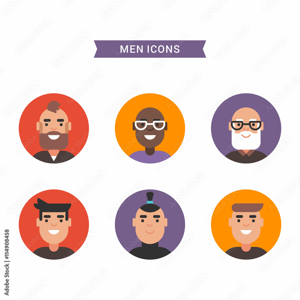 Icons of diverse smiling men. Bright colored flat vector illustrations isolated on white background