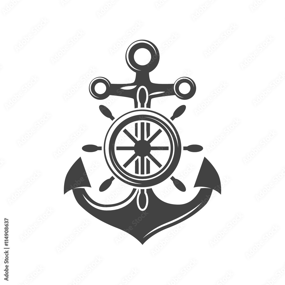 Fototapeta premium Ship steering wheel and anchor. Black icon, logo element, flat vector illustration isolated on white background.