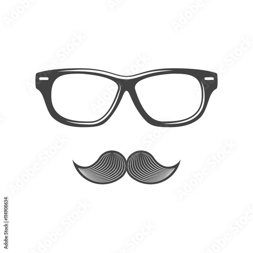 Glasses and moustache. Black icon, logo element, flat vector illustration isolated on white background.