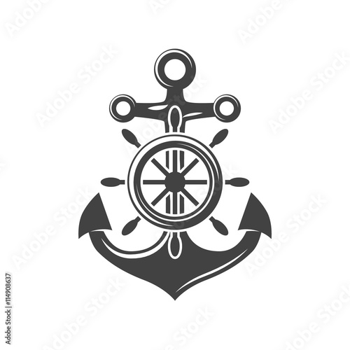 Ship steering wheel and anchor. Black icon, logo element, flat vector illustration isolated on white background.