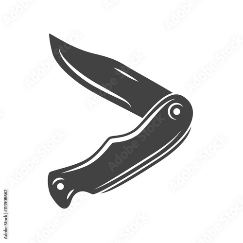 Classic penknife, pocket knife. Black icon, logo element, flat vector illustration isolated on white background.
