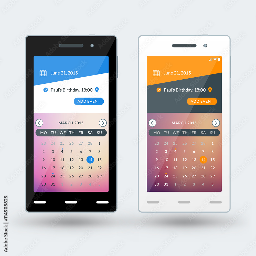 Modern smartphone with calendar app on the screen. Flat design template for mobile apps. Black and white smartphones. Vector illustration Modern smartphone with calendar app on the screen. Flat design template for mobile apps. Black and white smartphones. Vector illustration