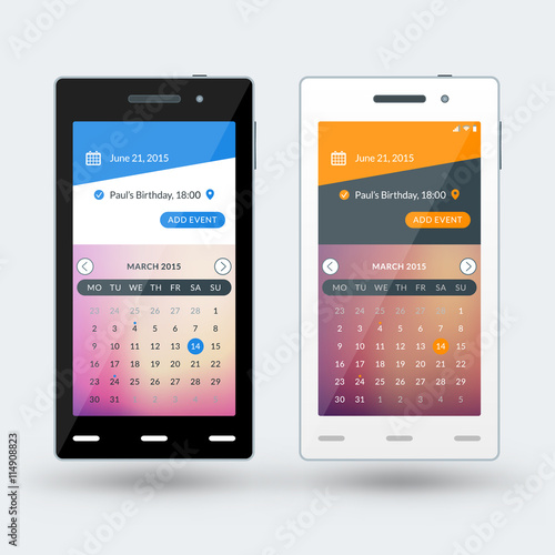 Modern smartphone with calendar app on the screen. Flat design template for mobile apps. Black and white smartphones. Vector illustration