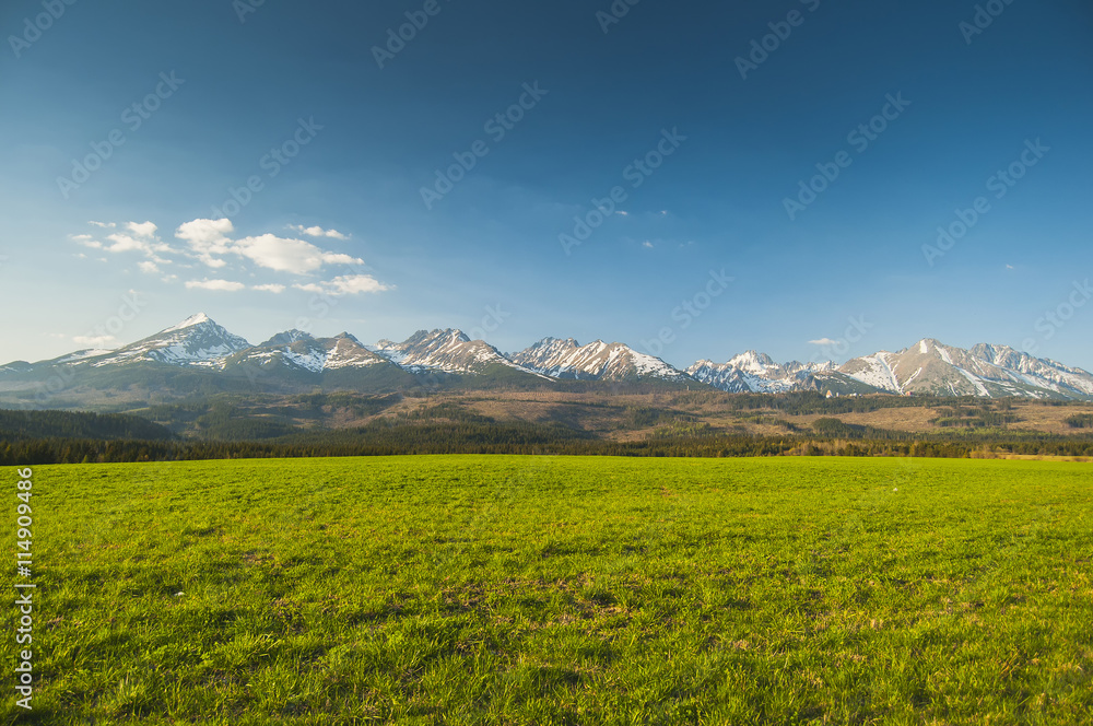 High tops. A long strip of high mountains. In the foreground of the green grass