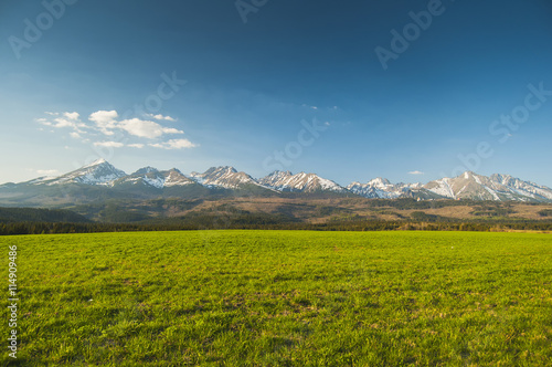 High tops. A long strip of high mountains. In the foreground of the green grass © varenyk
