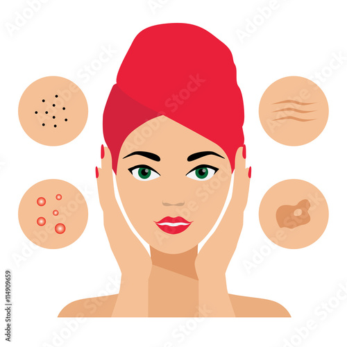 Facial Care, Skin Defects, Problems, Acne, Seborrhea, Seborrheic Dermatitis, Wrinkles, Dark Spots. icons. Cosmetologist, Dermatologist.
