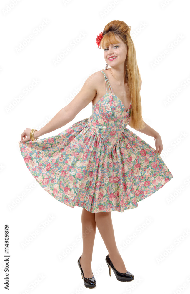 Young woman in retro floral dress Young woman in retro floral dress
