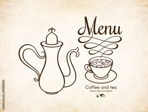Restaurant or coffee house menu design. Vector brochure template for cafe, coffee house, tea, restaurant, bar. Food and drinks logotype. Coffee symbols. Coffee cup design, vintage crumpled background