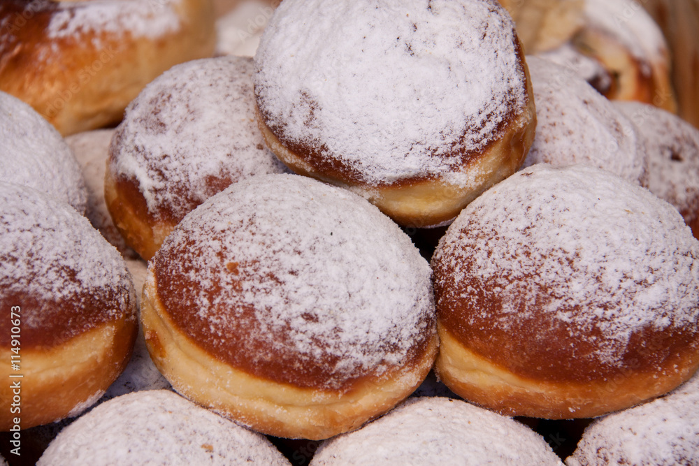 Fresh buns on the counter of the store as background