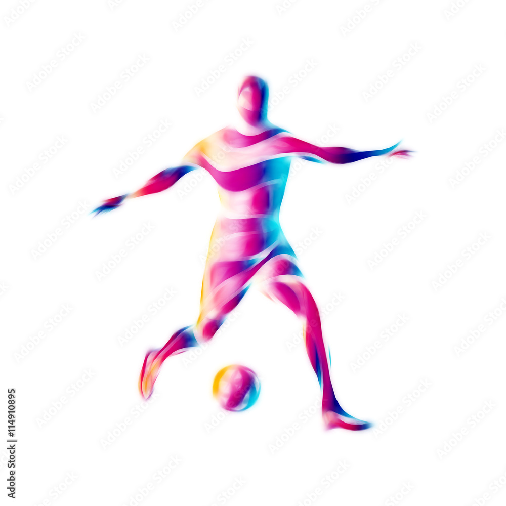 Soccer player kicks the ball. The colorful abstract illustration on white background.