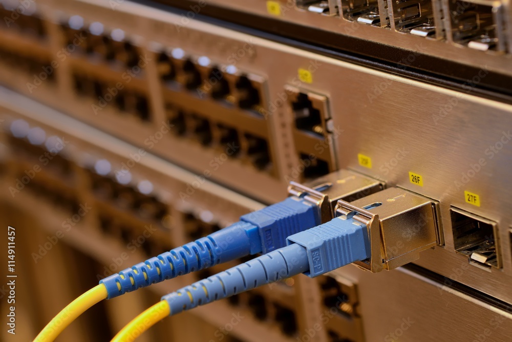 Fotografie Optic fiber and SFP connected to switch.
