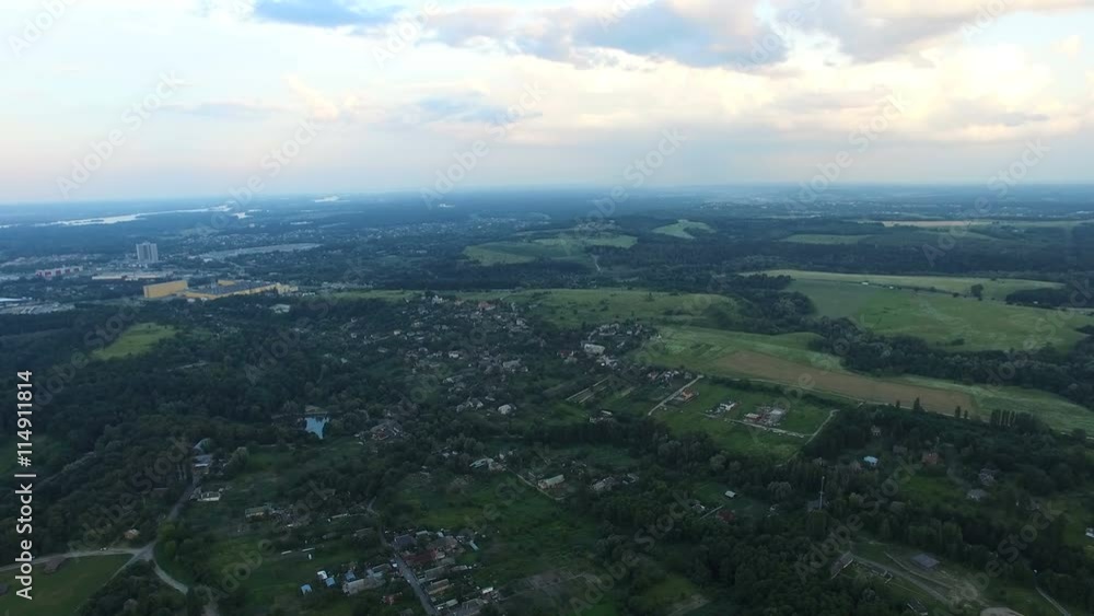 Flying over the village. Aerial Forest Sunset. Flying over the village. Aerial Forest Sunset.