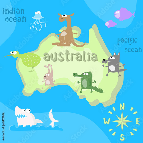 Concept design map of australian continent with animals drawing in funny cartoon style for kids and preschool education. Vector illustration