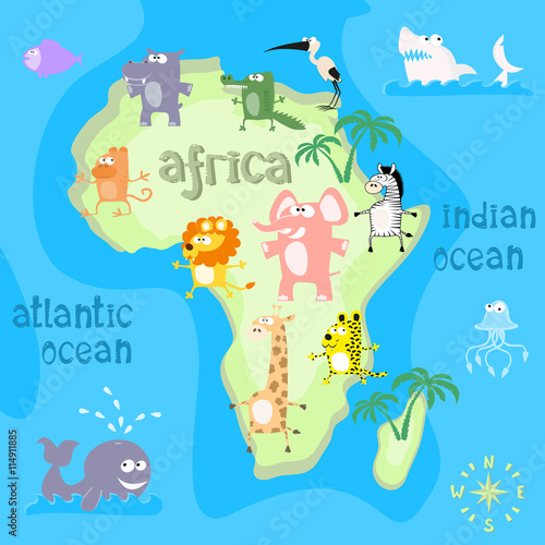 Concept design map of african continent with animals drawing in funny cartoon style for kids and preschool education. Vector illustration