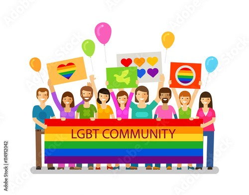 LGBT community. Gay parade, holiday, festival, celebration icon. Happy people with placards