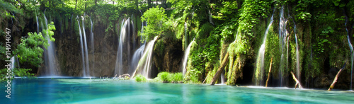 View of cascade in Croatian national park Plitvice Lakes photo