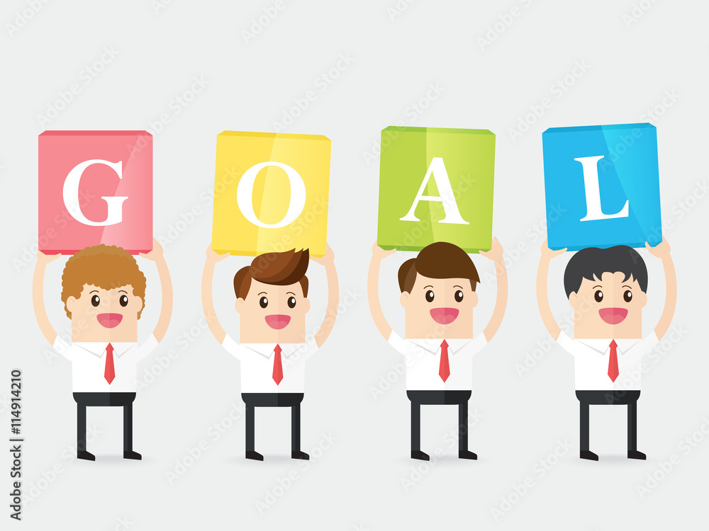group of businessman carrying colourful cubic box with word GOAL. spirit of teamwork group of businessman carrying colourful cubic box with word GOAL. spirit of teamwork