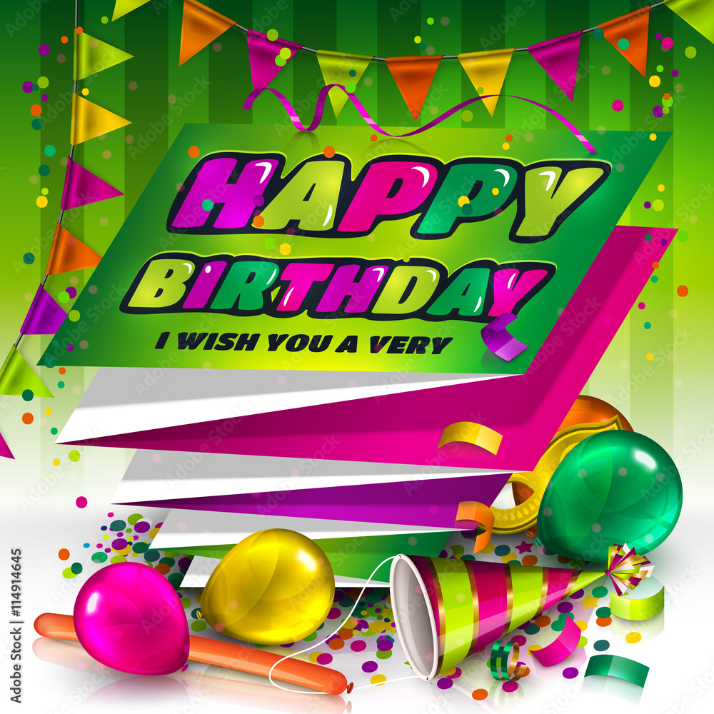 Happy birthday greeting card. Text on folded harmonica paper. Colorful